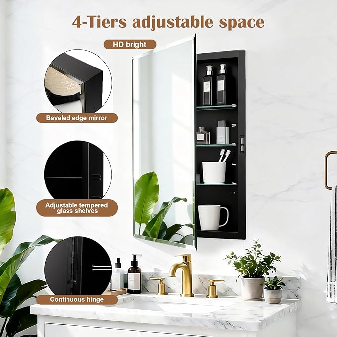 16x26'' Bathroom Medicine Cabinet Mirror with Storage, Surface Mount or Recessed Medicine Cabinet with 4-Tiered Adjustable Tempered Glass Shelves