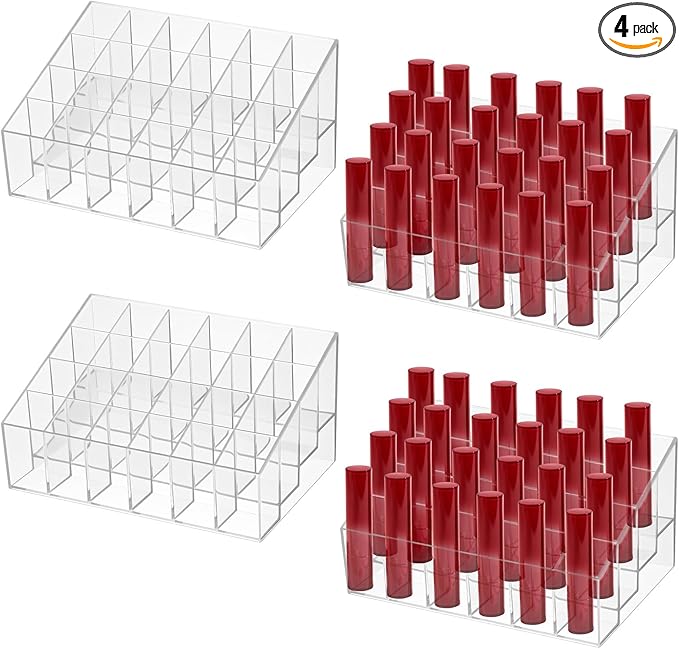 MAQUITA 4 Pieces Lipstick Holder Organizer 24 Slot Acrylic Lipstick Makeup Organizer Case Display Stand Storage Box for Lipsticks Lipgloss Brushes Cosmetics