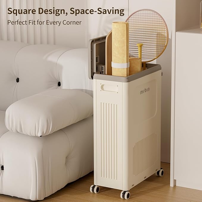 Mrbin Slim Wheeled Laundry Hamper Plastic with Lid, 50L / 13gal Closet Rectangle Basket Containers, Narrow Storage Bins Rolling Utility Organizer Boxes Cart for Bathroom, Clothing, Pantry, White