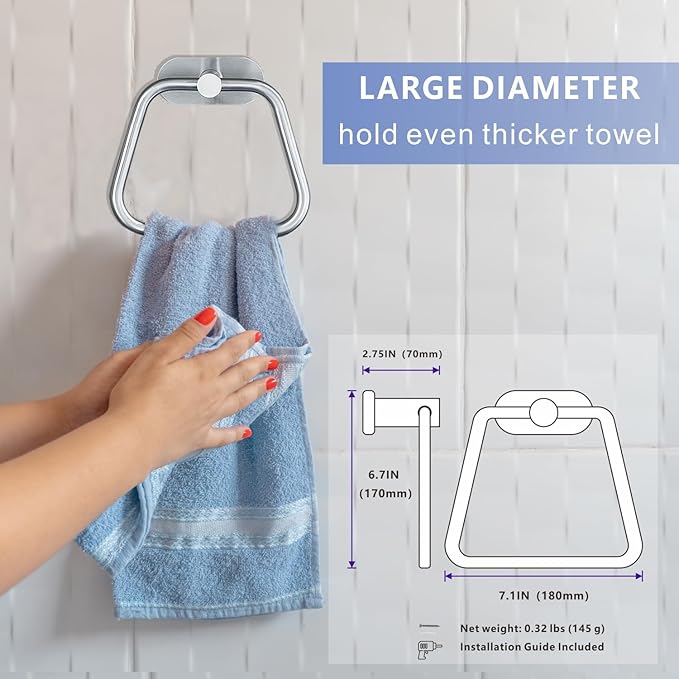 Self-Adhesive Towel Ring, Bathroom Hardware Accessories, 304 Stainless Steel Hand Towel Holder for Bathroom and Kitchen, Ladder Towel Hook, No Drill Installation Wall Mount (Brushed Nickel)