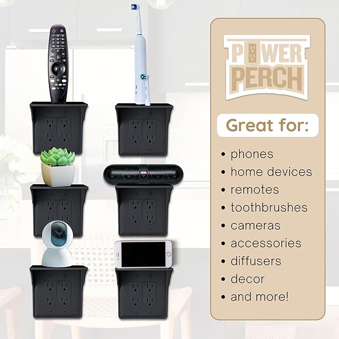 Power Perch Double Wall Outlet Shelf – Bathroom Shelf for Electric Toothbrush and Toiletries – Small Wall Shelves for Homepod Mini, Alexa Holder, Echo Dot – Easy Install, Black, 2-Pack