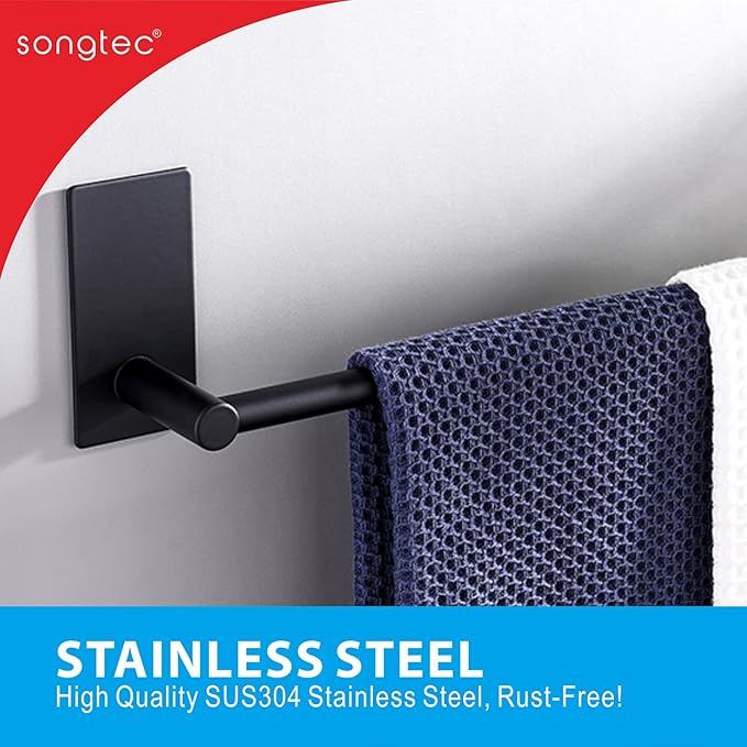 Songtec Stick Towel Bar Black 12-Inch, Adhesive Bath Towel Rack No Drill, Strong Adhesion Tape Mount Towel Holder, Stainless Steel - Black