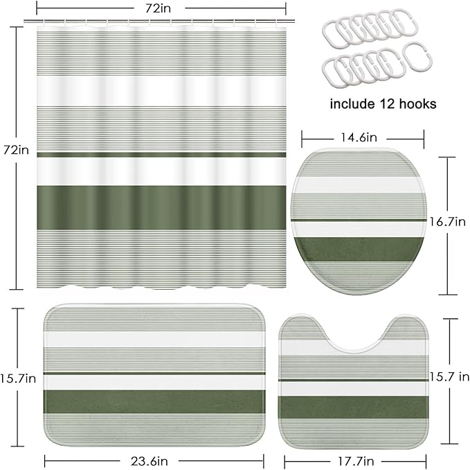 Sage Green Shower Curtain Set with Toilet Lid Cover and Non-Slip Rugs for Bathroom, Modern Striped Lines 4 Pcs Shower Curtain, Simple Abstract Bathroom Set with 12 Hooks