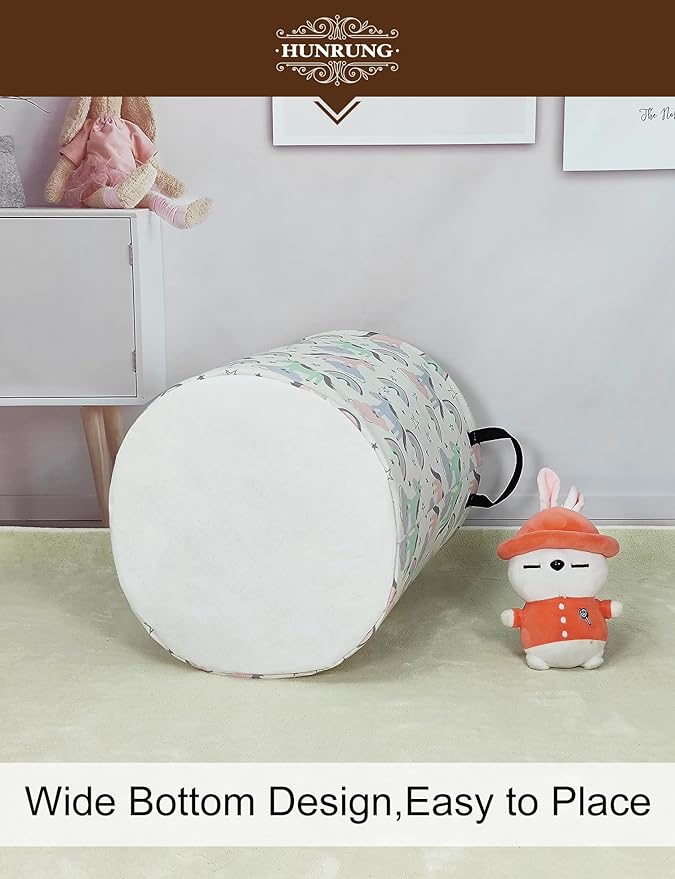HUNRUNG Laundry Hamper,Large Canvas Fabric Lightweight Storage Basket Toy Organizer Dirty Clothes Collapsible Waterproof for College Dorms???Round-Star Unicorn???