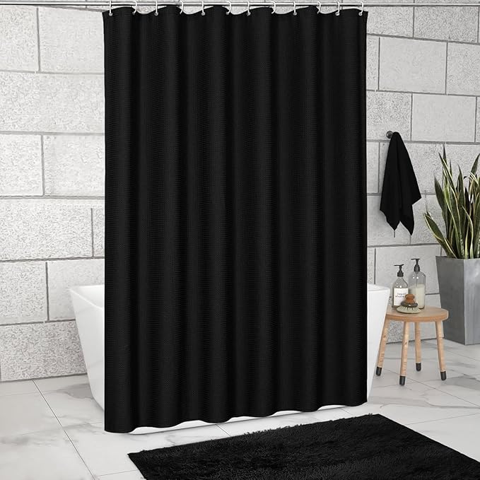 MitoVilla Extra Long Shower Curtain 72 x 84, Black Waffle Fabric 84 inch Shower Curtain, Farmhouse XL Shower Curtains for Bathroom Decor, Luxury Weighted Shower Curtain 84 inch