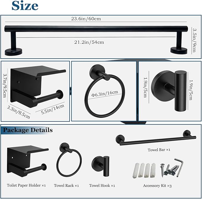 4-Pieces Wall Mount Bathroom Accessories Bathroom Hardware Set,23.6 Inch Stainless Steel Waterproof Towel Bars,Toilet Paper Holder with Shelf,Towel Ring,Coat Hook,Matte Black