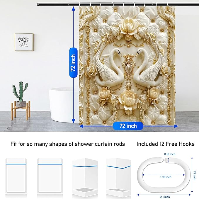 NBVKO 4Pcs Luxury Swan Reliefs Printed Shower Curtain Set with 12 Hooks Non-Slip Rugs,Toilet Lid Cover and Bath Mat, Stylish Bathroom Decor for Hotel & Home Bathroom