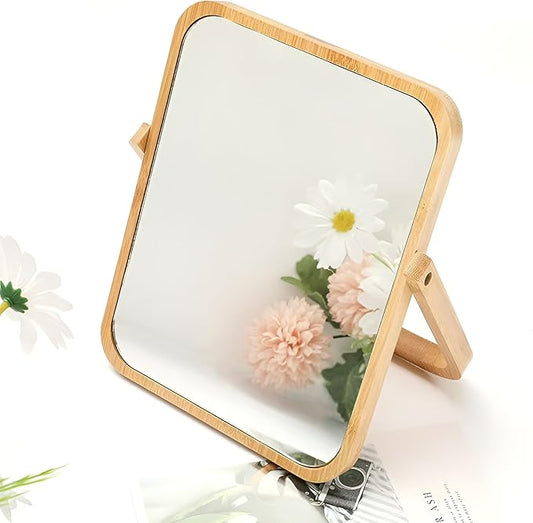 Wooden Desktop Makeup Mirror, Rectangular Tabletop Vanity Mirror with 360° Rotation, Portable High-Definition Single-Sided Cosmetic Mirror for Dressing Table, Bedroom & Bathroom (Yellow Beech Wood)