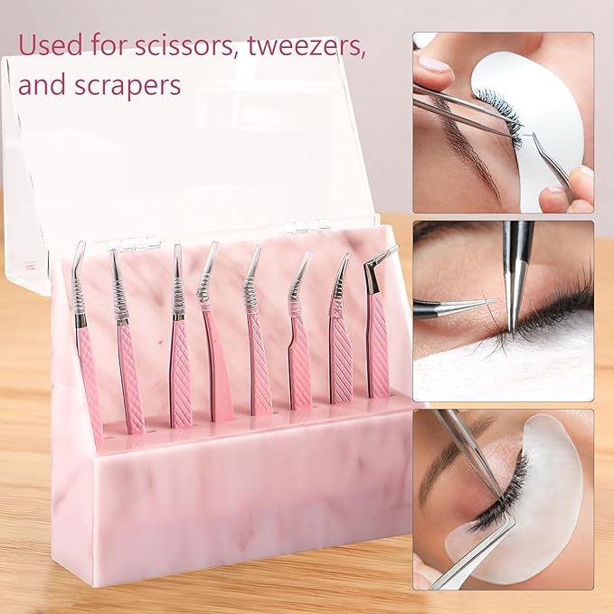 8 Holes Dust proof Tweezer Storage Rack,Acrylic Tweezer Display Stand Holder Eyelash Extension Supplies Lash Accessories Tools (Marble Pink)
