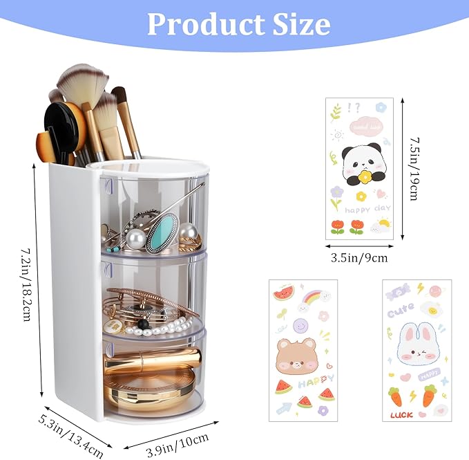 3-Tier Clear Hair Accessories Organizer with Makeup Brush Holder, Rotatable Jewelry Storage Box with Cute Stickers for Bows & Clips, Desktop Organizer Case for Bathroom Vanity Countertop (White)