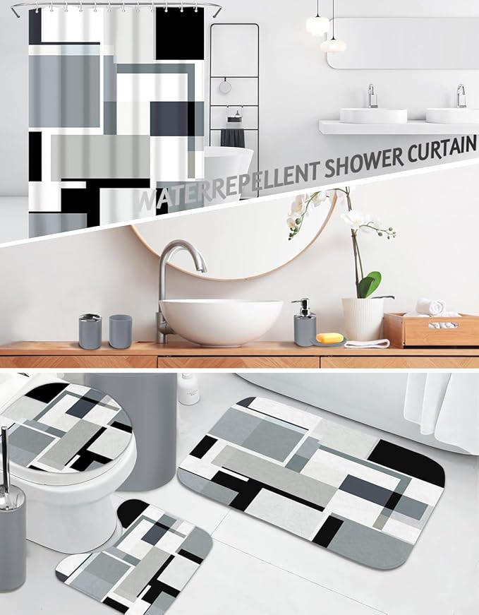 Lnond Grey Black Bathroom Set, 22-Piece Grey Black Geometry Bathroom Decor Set with with Shower Curtain and Rugs, Trash Can, Toilet Brush Holder Set & Soap Dispenser