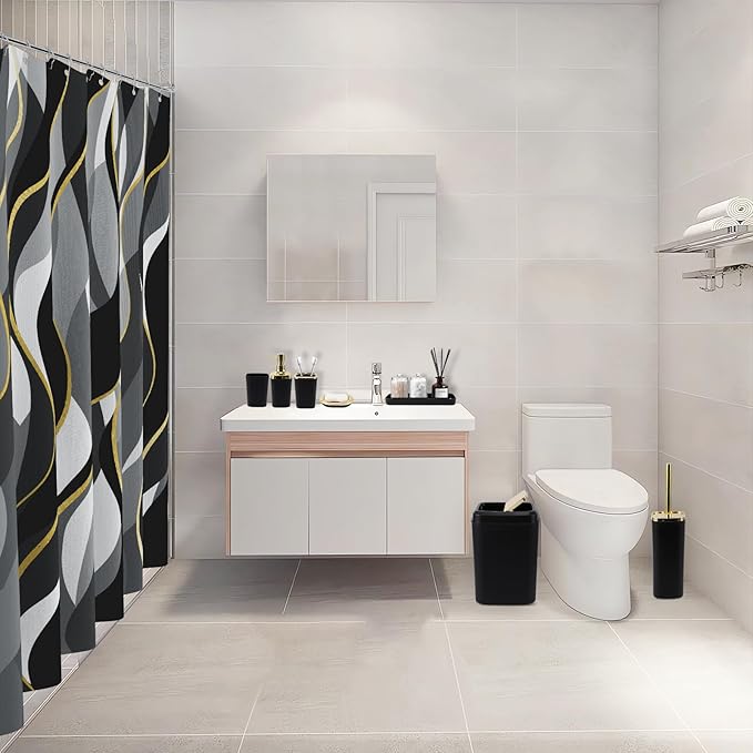 XLHOMO Black Bathroom Set, Bathroom Sets with Stripe Shower Curtain, Black and Gold Bathroom Accessories with Trash Can, Soap Dispenser, Soap Dish, Toilet Brush Holder, Qtip Holders for Bathroom