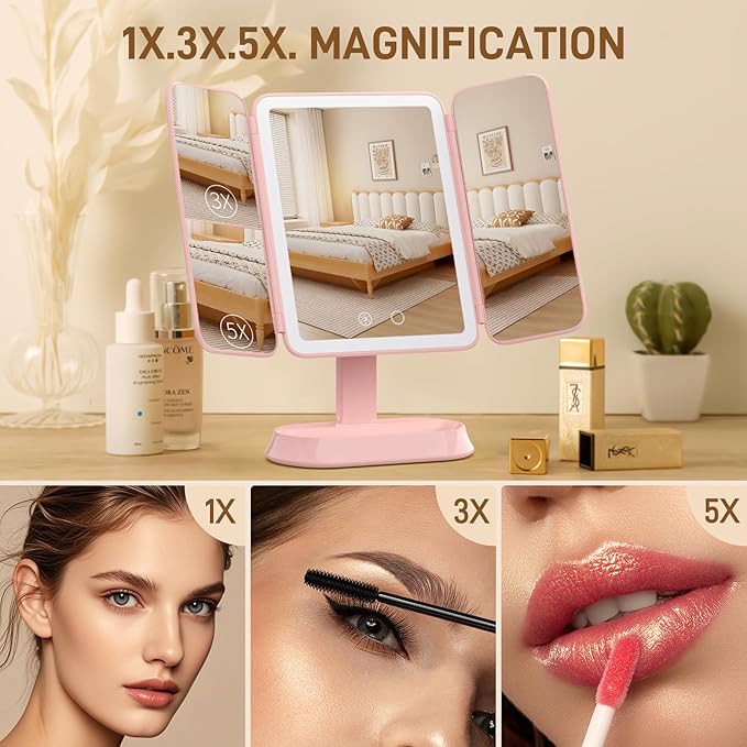 FRANO Rechargeable Trifold Makeup Mirror with Lights, 1X/3X/5X Magnification, Cordless 3-Color LED Vanity Mirror for Travel & Desk, Up to 20H Use, Ideal Gift for Women & Teens - Pink