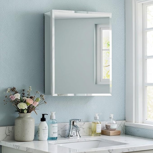 16x20 Inch Beveled Bathroom Medicine Cabinet with Mirror, Assembly Needed, Recessed or Wall Mount, 1 Adjustable Tempered Glass Shelf, Aluminum Medicine Cabinet, Side Mirror, Reversable Door