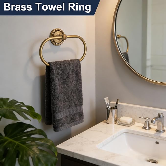 Oval Towel Ring, Antique Brass Towel Holder for Bathroom Wall Mounted, Gold Hand Towel Ring, Oval Towel Rack Hanger for Bath, Kitchen