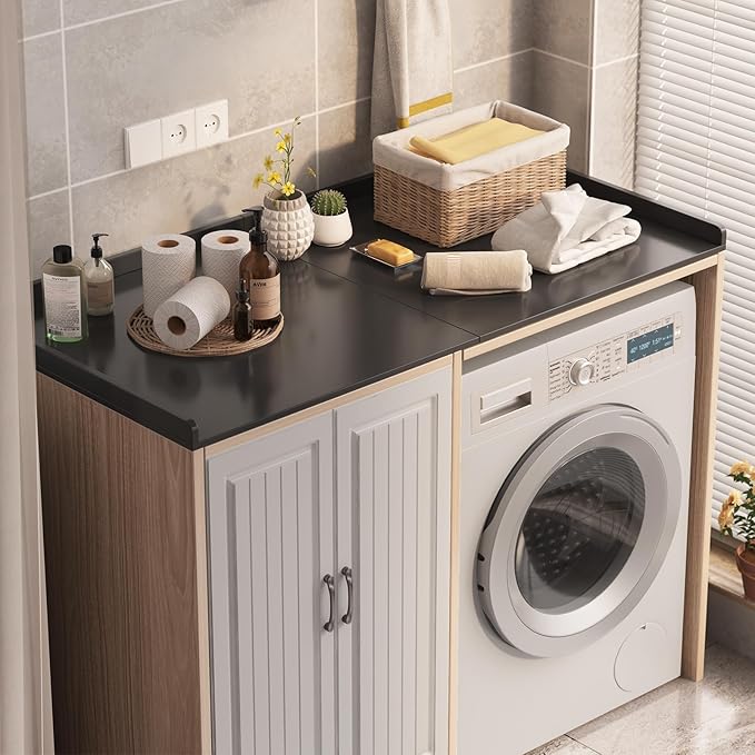 54"×27.5"×2" Foldable Washer Dryer Countertop, Solid Wood Laundry Storage Shelf, Heavy-Duty Folding Table for Washing Machine Organization(Black)