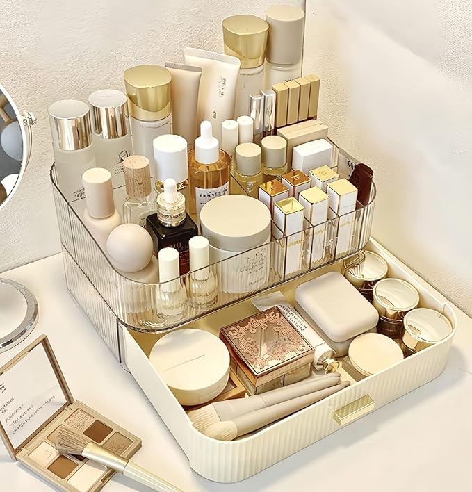 Makeup Organizer with Drawer, Stackable Cosmetic Organizer for Vanity and Bathroom Countertop, Clear Storage for Perfume, Skincare, Lipstick and Brushes, Cream White