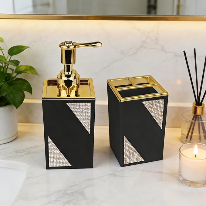 Bathroom Accessories Set, Square 2-Piece Black Soap Dispenser & Toothbrush Holder with Sparkling Inlaid Diamonds, Modern Geometric Vanity Set