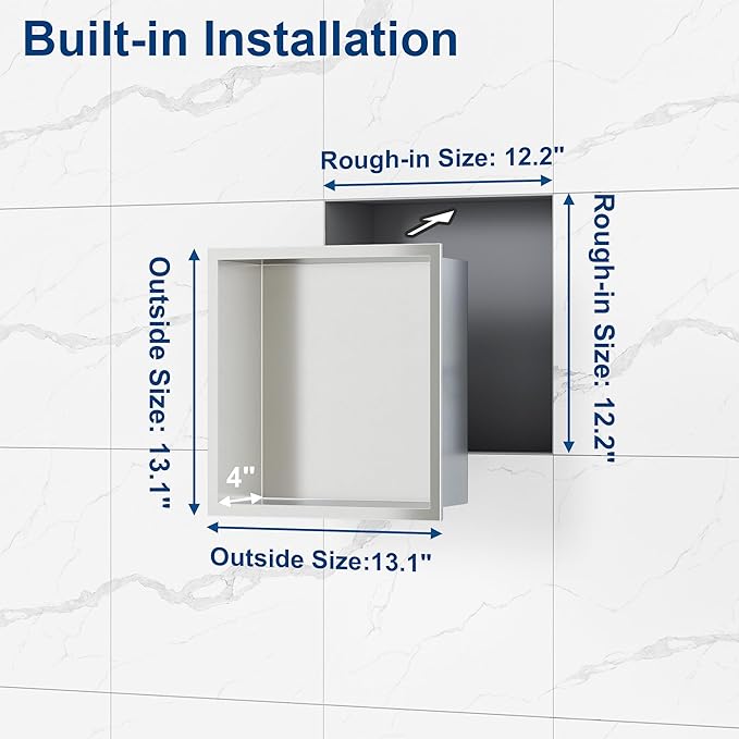 Neodrain Shower Niche, Insert Bathroom Storage Shower Shelf, Stainless Steel Recessed Wall Niche No Tiled Recessed Cabinet Waterproof for Shower Storage(Brushed,12"x12")
