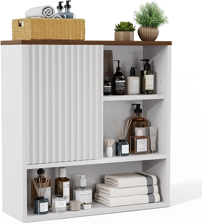 Bathroom Wall Storage Cabinet Fluted,Modern Over The Toilet Storage Cabinet Medicine Cabinet with Adjustable Shelves, Wood Curved Profile Wall Mounted Storage Organizer(White Wood, Medium)