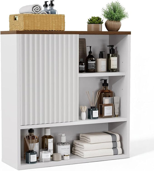 Bathroom Wall Storage Cabinet Fluted,Modern Over The Toilet Storage Cabinet Medicine Cabinet with Adjustable Shelves, Wood Curved Profile Wall Mounted Storage Organizer(White Wood, Medium)