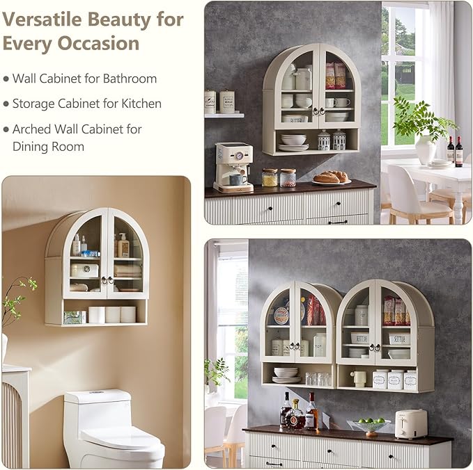 IFGET Bathroom Arched Wall Cabinet, 23.6'' Wide Medicine Cabinet with Adjustable Shelves & Acrylic Glass Doors, Over The Toilet Storage Wall Mount Cabinet for Laundry Room,Kitchen & Living Room, Cream