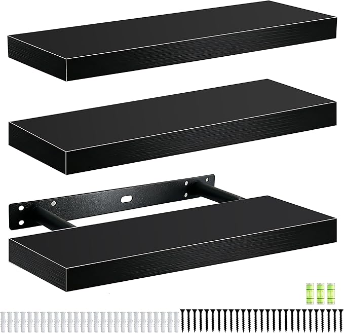 Floating Shelves for Wall, Rustic Wood Shelf for Room Decor/Storage/Display, Small Wall Mounted Hanging Shelves with 20lb Capacity for Bathroom, Living Room, Kitchen (Black)