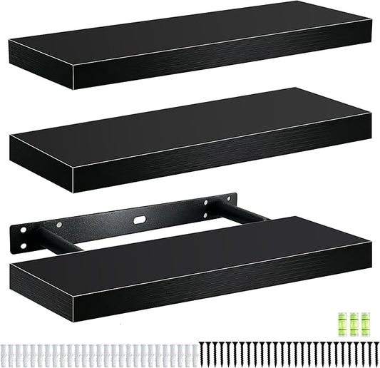 Floating Shelves for Wall, Rustic Wood Shelf for Room Decor/Storage/Display, Small Wall Mounted Hanging Shelves with 20lb Capacity for Bathroom, Living Room, Kitchen (Black)