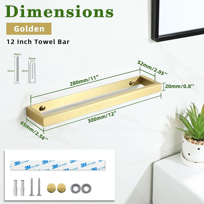Alise Hand Towel Holder,12 Inch Self Adhesive Towel Bar for Bathroom,Towel Racks for Lavatory,Wall Mount Towel Hanger,SUS304 Stainless Steel Towel Rail,Brushed Gold