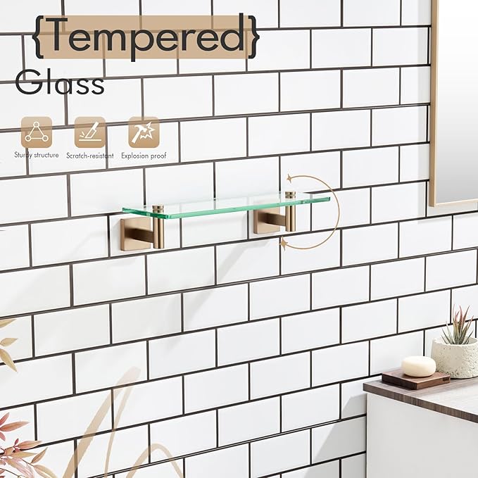 KOKOSIRI Wall Shelves Bathroom Hardware Glass Floating Shelf Small Hanging Rack Storage/Room Decor 12-Inch Champagne Bronze 2 Pack B1105CPG-L12-P2