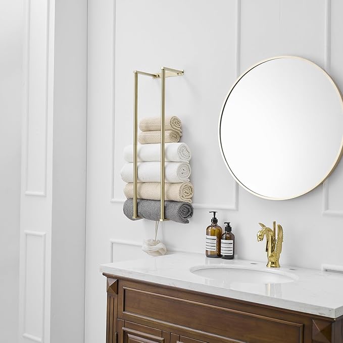 BWE Brushed Gold Towel Racks for Bathroom, 28" Stainless Steel Bathroom Towel Holder for Rolled Towels, Wall Mounted Towel Storage for Bathroom with 2 Hooks, 6 Large Bath Towels Capacity