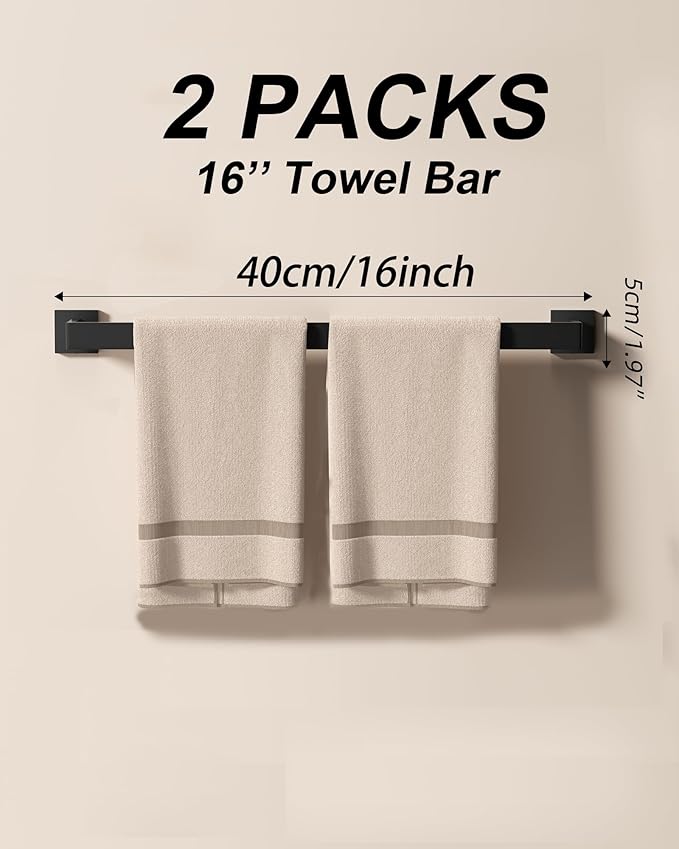 10-Piece Matte Black Bathroom Hardware Set, 16 Inch Towel Bar Set with Towel Bars, Hooks, Toilet Paper Holders | Modern Bathroom Fixtures & Accessories Kit