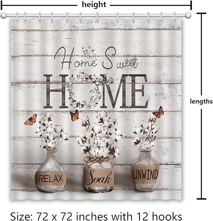 Farmhouse Shower Curtain Cotton Flowers Rustic Bathroom Decor with Waterproof Fabric, Country Style Home Sweet Home Shower Curtains for Vintage Bathroom, 72x72 Inch