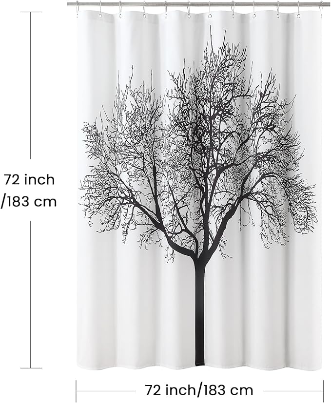 Fabric Shower Curtain, Black Tree Plant Shower Curtains for Bathroom, Modern Decorative Bathroom Curtains, 72" W x 72" H