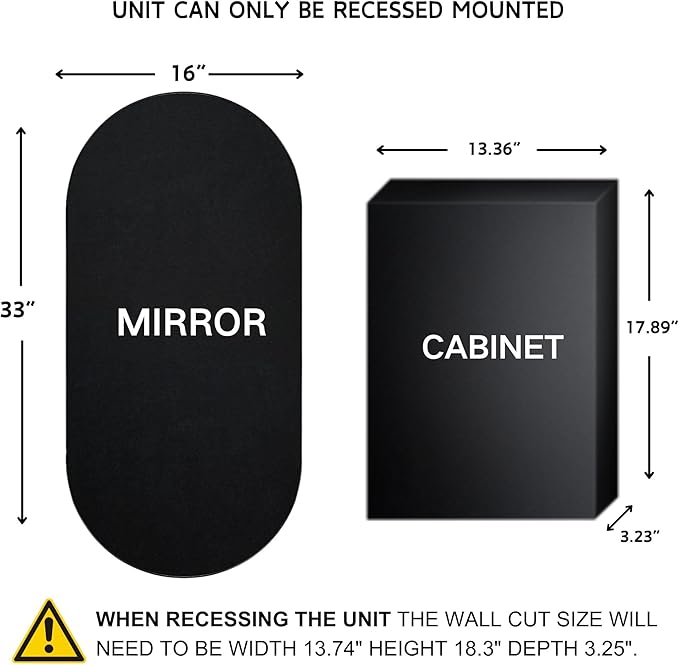 Matt Black Oval Recessed Bathroom Medicine Cabinet with Mirror Stainless Steel Metal Framed Oblong Pill Shaped Bathroom Cabinet with Mirror 16x33''