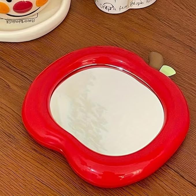 Apple Shaped Makeup Mirror - 6.22x6.3 Inch Portable Vanity Mirror with Stand, Cute Desk Decor for Bedroom, Bathroom & Office (Red)