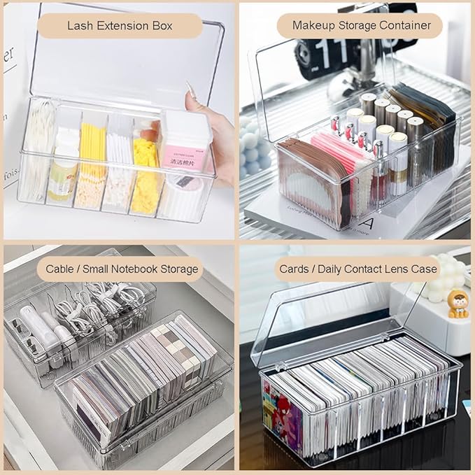 Lash Extension Organizer Box, Acrylic Eyelash Extension Supplies Storage Container Lash Cart Organizer for Lash Techs Eyelash Beauty Case with Lid Lashes Supplies Storage Box (Clear)