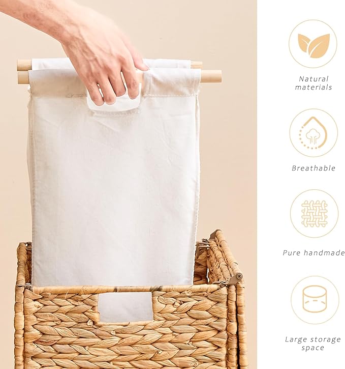 Handwoven Laundry Hamper with Lid, Natural Hyacinth Heightened Feet Laundry Basket, Wicker Clothes Hamper with Removable Liner Bag (Natural, 90L)