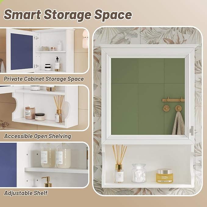 Bathroom Wall Cabinet with Mirror, Medicine Cabinet with Door and Adjustable Shelf, Space Saver Storage Cabinets Over The Toilet for Bathroom (20'' x 28'')