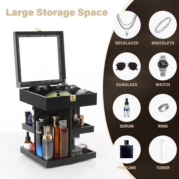 Cologne Organizer for Men 360 Rotating Wood Perfume Display Stand 3 Tier Large Capacity Mens Organizador de Perfumes for Bathroom Countertop Desk Organizers,Birthday Gifts for Men