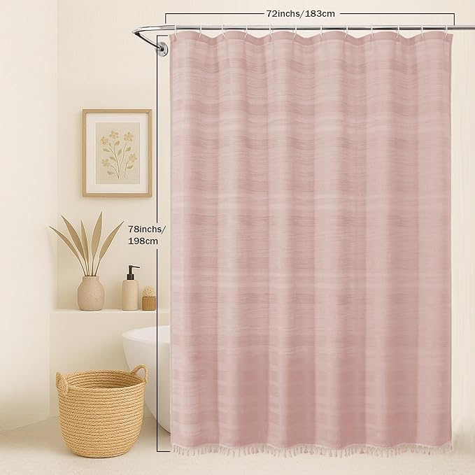 OVZME Pink Shower Curtain 78 Inch Long, Boho Thick Linen Textured Shower Curtain with Tassel, Farmhouse Minimalist Striped Weighted Machine Washable Bathroom Decor, 72Wx78L Inches