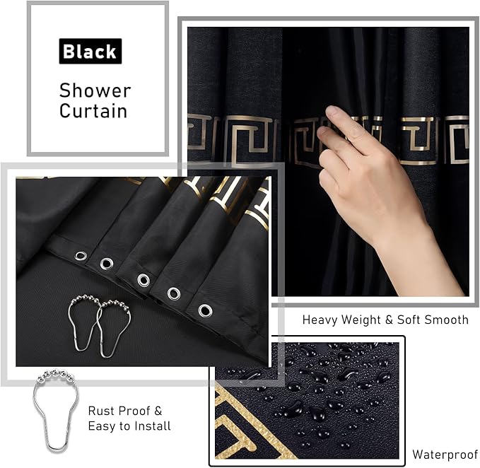 XLHOMO Bathroom Sets with Shower Curtain and Rugs Black Bathroom Accessories Bathroom Set,Soap Dispenser & Toilet Brush Holder Set with Stainless Steel Trash Can