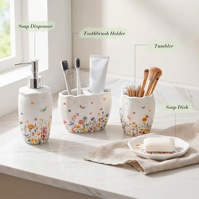 Newtay Ceramic Bathroom Accessories Set of 4, Wildflower Meadow Floral Decor with Butterflies & Gold Speckles, Soap Dispenser Pump, Toothbrush Holder, Tumbler Cup & Soap Dish for Countertop Vanity