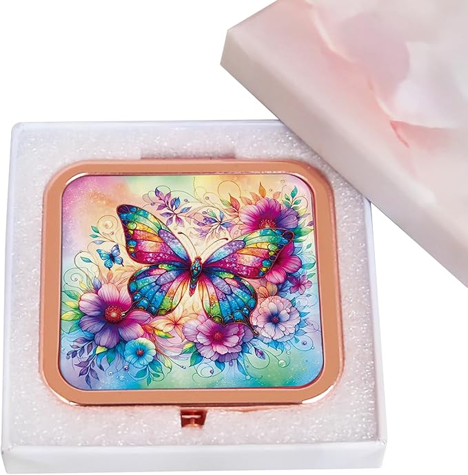 Compact Mirror, Handheld 2.8 inches Travel Makeup Mirror, 1X/2X Magnifying Square Pocket Makeup Mirror Rose Gold Butterfly