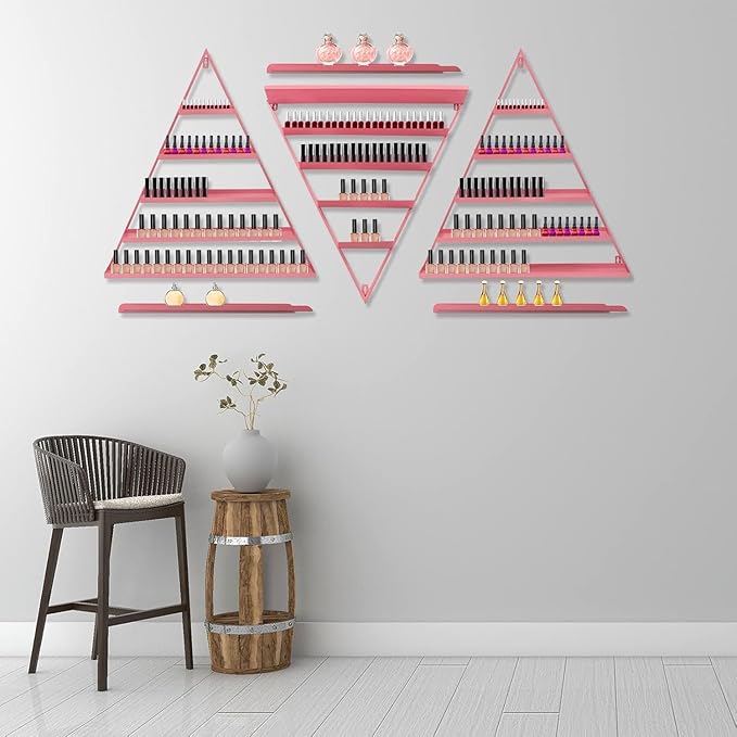 Wall-Mounted Nail Polish Rack, Set of 10 Triangular Gold Nail Polish Shelf 5-Tier Lipstick Perfume Cosmetic Display Shelf for Home Spa Nail Salon Shop