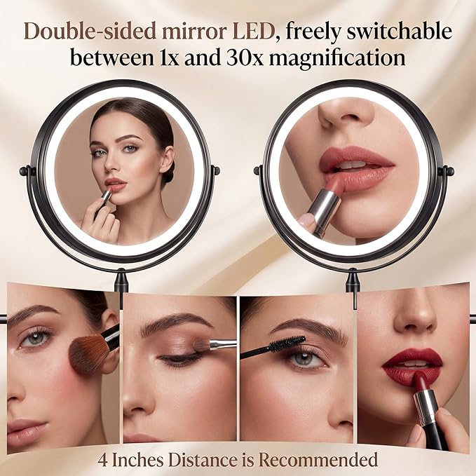 Wall Mounted Lighted Makeup Mirror, 8" Double-Sided 1X/30X, Rechargeable, 3-Color Dimmable Touch, 15.9" Swing Arm, Narrow Base, USB-C Charging, 360° Rotation, Black