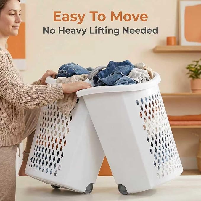 (3PACK) 135L Large-Capacity White Wheeled Laundry Basket, With Ventilation Design, Featuring Handle and Lid. Suitable for Households, Dormitories and Apartments.