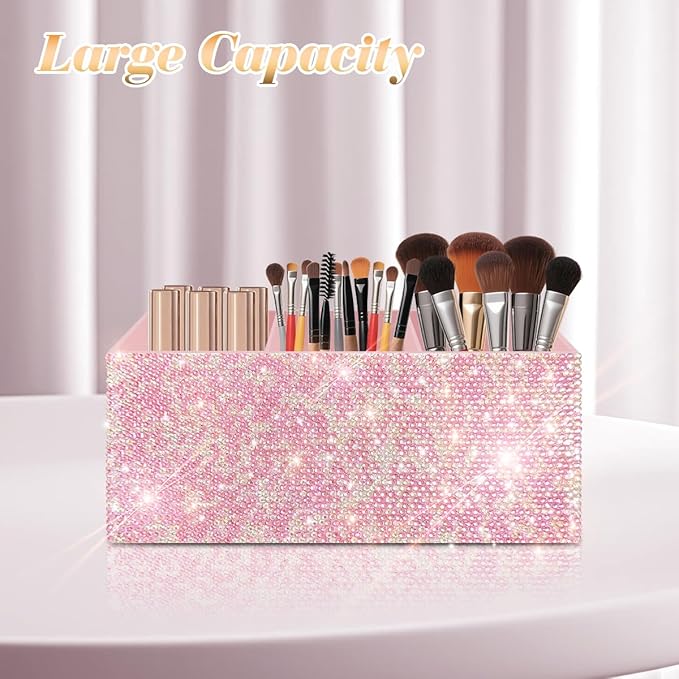 Bling Makeup Brush Holder Organizer, 3 Slot Sparkle Cosmetics Brushes Storage Holders with Shiny Rhinestones, Glitter Cute Pen and Pencil Holder for Desk, Eyeliners Display Case for Vanity???Pink???