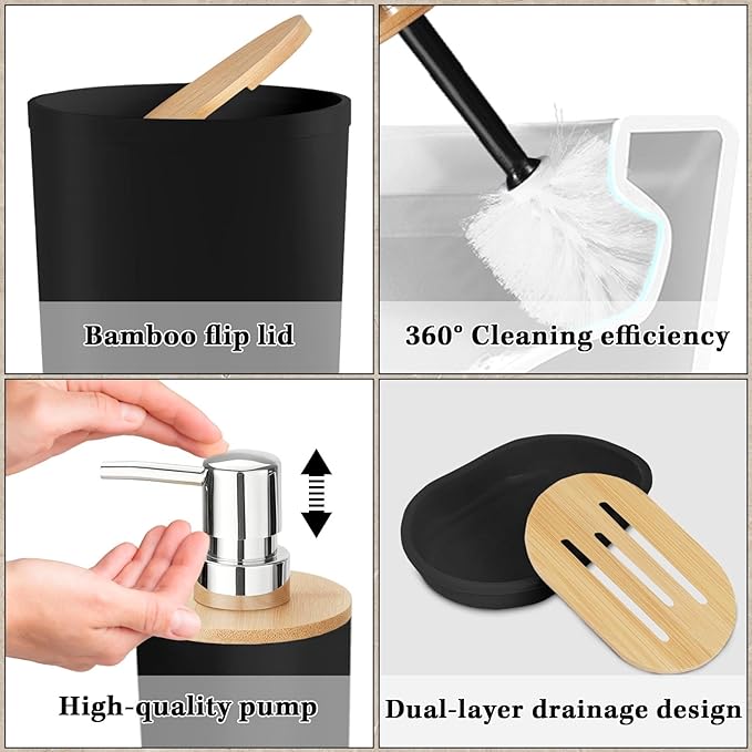 Bathroom Accessories Set - 19 PCS Black Bathroom Set with Shower Curtain, Trash Can, Toilet Brush Holder Toothbrush Holder & Dispenser - Modern Bamboo Plastic Complete Bath Decor for Apartment