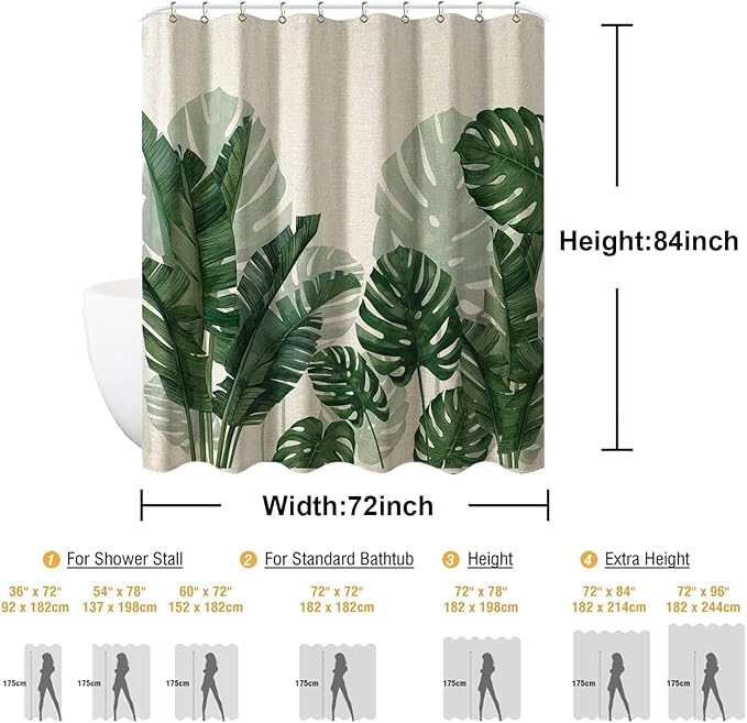 Baccessor Linen Shower Curtain Long 72 W X 84 L Inch Tropical Green Leaf Shower Curtains Botanical Banana Monstera Leaf Palm Tree Waterproof Heavy Duty Fabric Cloth Shower Curtain for Bathtubs Hotel